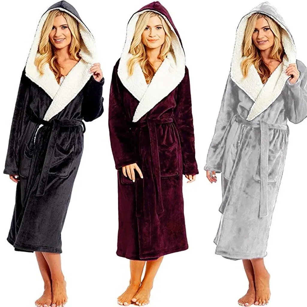 [Xiaoli clothing]Women Winter Plush Thermal Long Bath Robe Lengthened Shawl Hooded Bathrobe Warm Kimono Dressing Gown Flannel Bath Robe Sleepwear