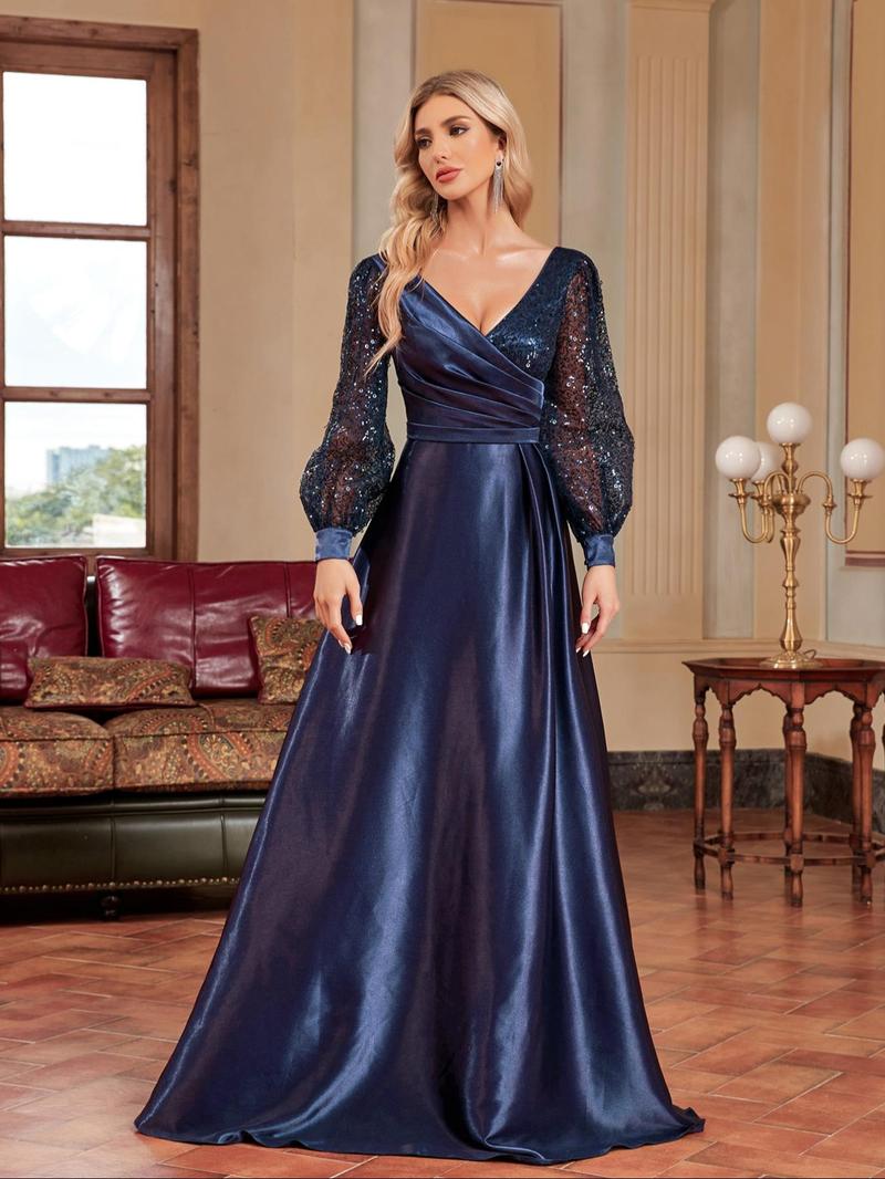 Product Introduction of Women's Glitter Sequin Contrast Mesh Wrap V Neck A Line Evening Dress, Elegant Bishop Sleeve Maxi Evening Party Gown, Ladies Spring & Fall Clothes 6