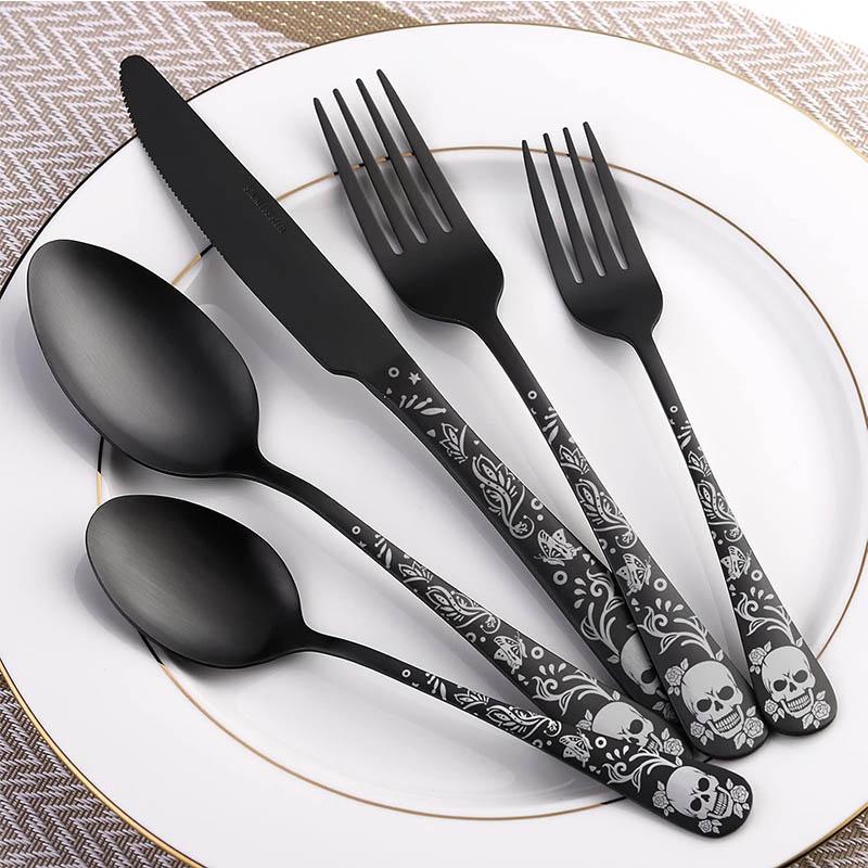 Skull Pattern Dinnerware Set, 5/20/30/40/50pcs Including Fork & Spoon & Knife, Gothic Style Tableware Set for Home Kitchen Dining Room 0