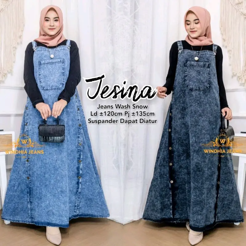 Jesina Overall Jeans Snow Dress Jumbo Jumpsuit Rok Kodok Wanita Panjang ...