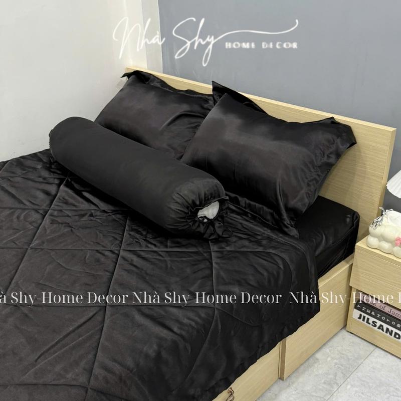 Bộ Chăn Gra Phi Lụa 5 Món Màu Đen - Set 4 món không mền set 5 món có mền - Nhà Shy