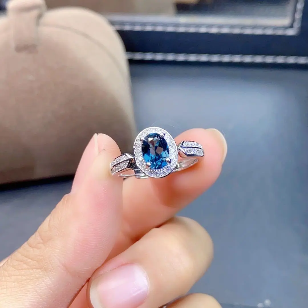 Imitation Natural London Blue Topaz Ring Women's New Silver-Plated Inlaid Colorful Zircon Open Mouth Fashion All-Match