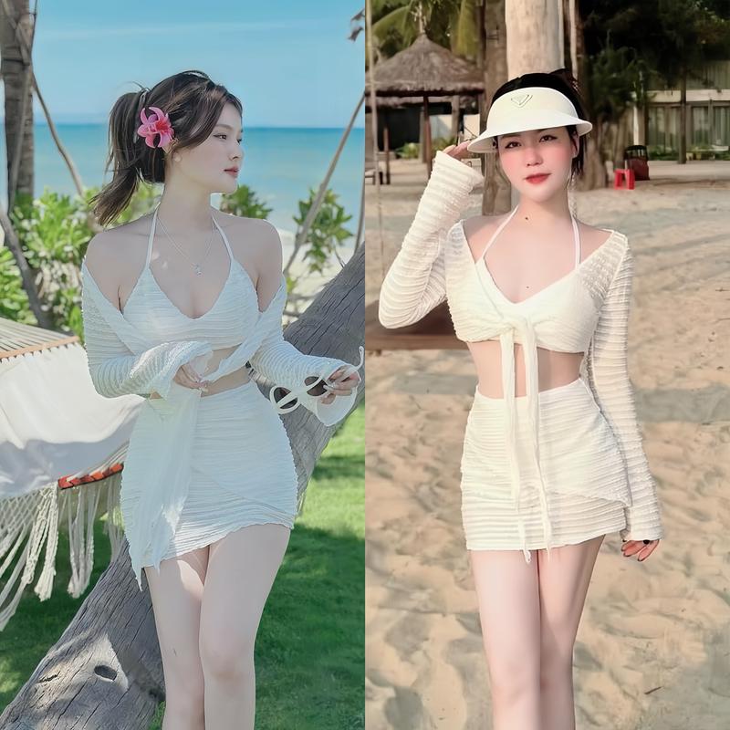  Set bộ 3 món đi biển áo cổ yếm  Có Mút  kèm khoác mix chân váy chữ A  Có Lót  xinh xắn dành cho các nàng diện đi biển vào mùa hè. Nữ Women Top 
