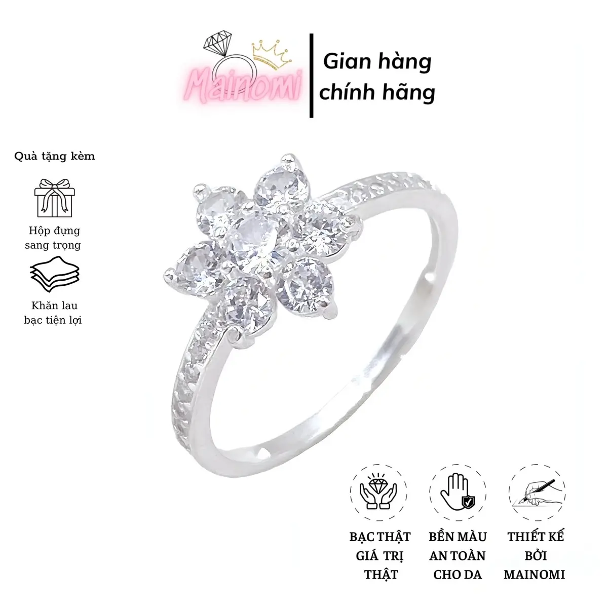 Nhẫn hoa mai 6 cánh bạc ta mới nhà MAINOMI đẹp xuất sắc