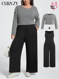 CURVZY Plus Size Two-Piece Set Striped Print Top & Wide Leg Jumpsuit, Casual Fashion Cozy Outfits for Daily Outdoor Wear, Women Clothing for Spring & Fall