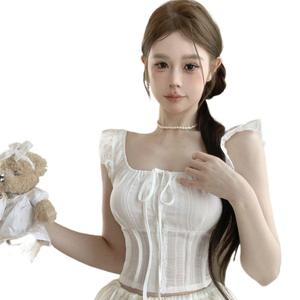 เสื้อยืดคอเหลี่ยม สไตล์ฝรั่งเศส อ่อนโยน แขนบิน ทรงสลิมฟิต ผูกโบว์ สไตล์บัลเล่ต์ เสื้อสั้นหวาน สำหรับผู้หญิง ใส่หน้าร้อน Women Clothing Lady