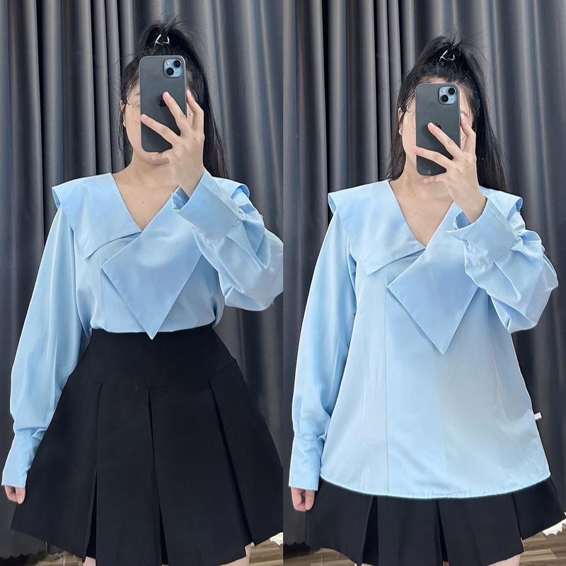 Áo sơ mi kiểu nữ, áo sơ mi giành cho nữ thiết kế hàn quốc vải lụa chéo hàn mềm mát Đậu bigsize 50-90kg-Sm158 2