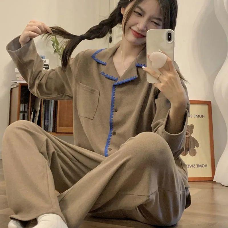  Bộ Đồ Ngủ Nhung Ấm Áp Phong Cách Hàn Quốc Của Ins Màu Tương Phản Đơn Giản Dành Cho Nữ Mùa Thu Và Mùa Đông Dài Tay Bộ Váy Mặc Nhà Mùa Đông Học Sinh Ngọt Ngào Áo 