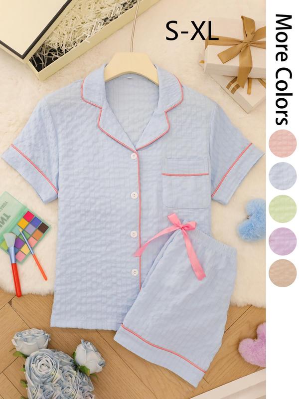Women's Solid Color Short Sleeve Top & Shorts Pajama Two-piece Set, Casual Comfy Shirt & Shorts PJ Set, Ladies Summer Sleepwear, Loungewear 3