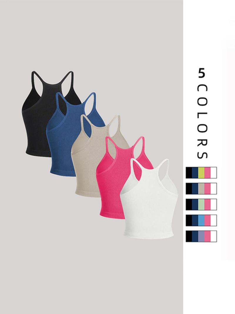 Product Introduction of Women's Plain Round Neck Crop Sports Tennis Vest, Sporty  Comfortable  Breathable Sleeveless Ribbed Crop Cami Top for Gym Workout, Running Vest, Women's Tops, Summer Outfits 2024, Running Vest, Ladies Pickleball Sportswear for Summer, Summer Gym Clothing 9