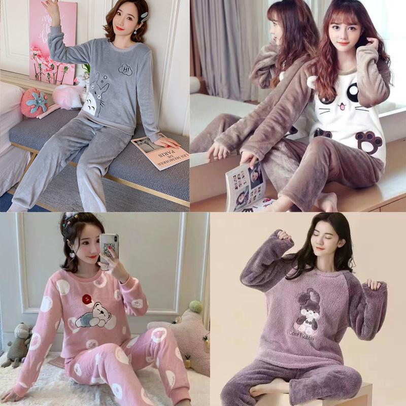 Bộ Đồ Ngủ Nữ Quần Áo Ngủ Mặc Ở Nhà Dài Tay Vải  Bông Lông Cừu Giữ Nhiệt Ấm Mùa Đông Xuân Thu Đi Chơi Cute