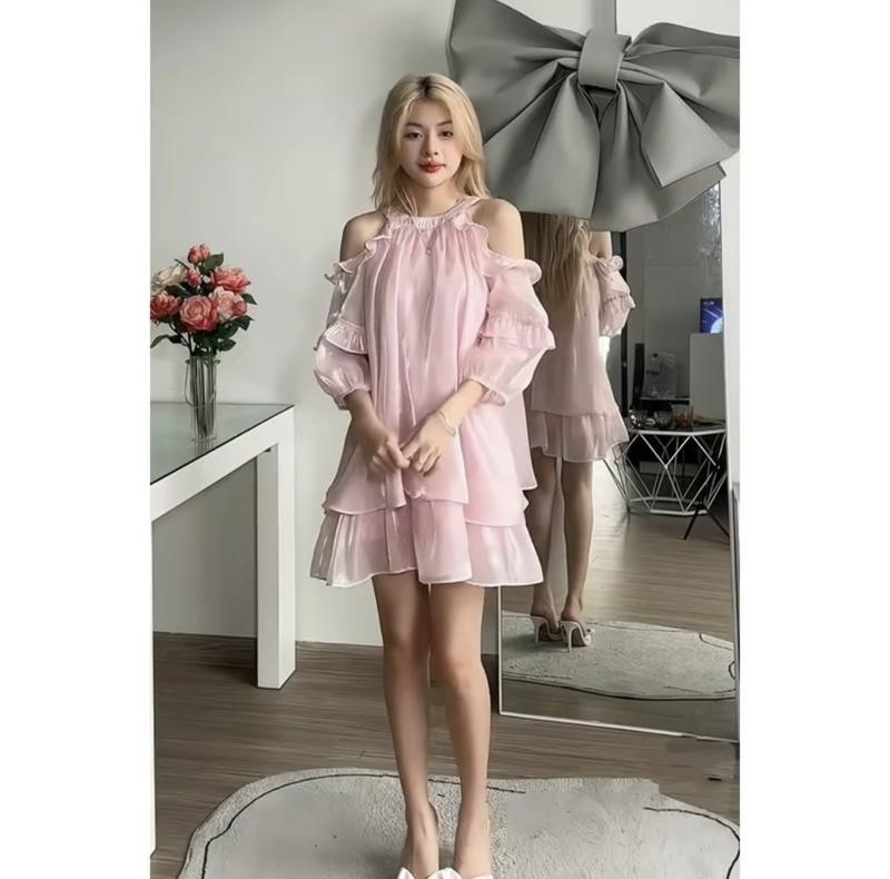 Váy cổ yếm khoét vai phối tay bồng tơ ánh kim tiểu thư - Dress m18 Nữ