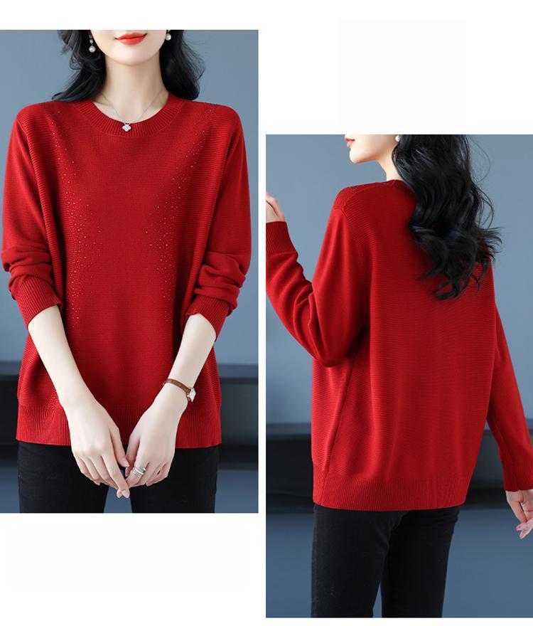 Product Introduction of Knatwear women's round neck rhinestone sweater new fashion mom loose Western style knits long sleeve thin top crop 18