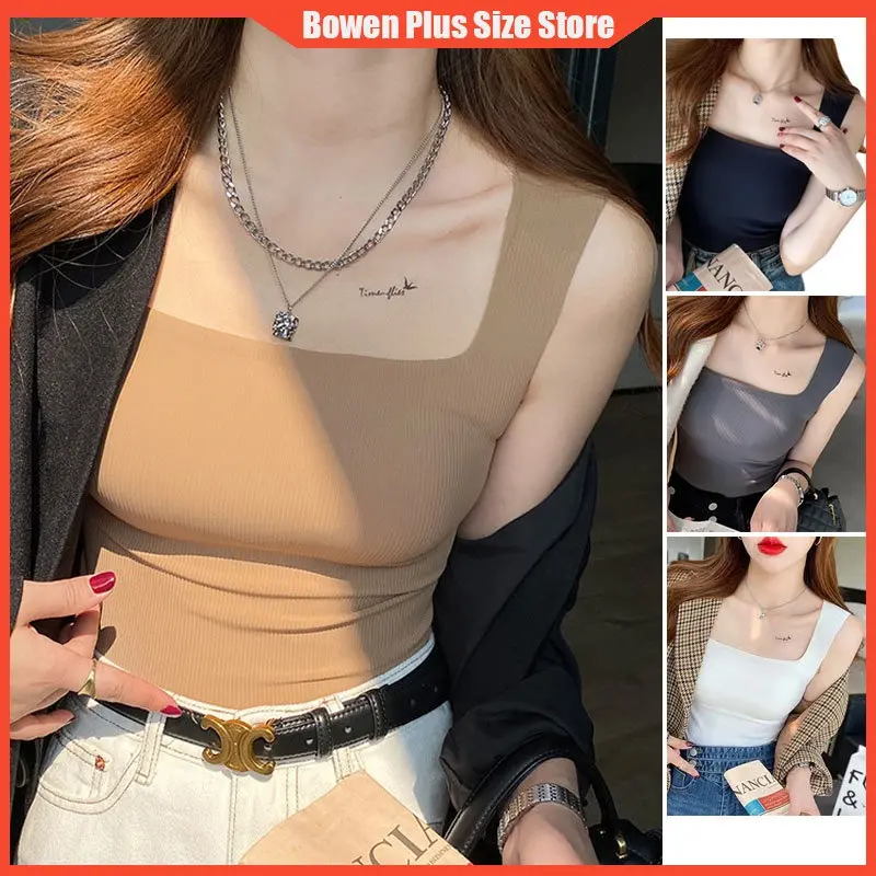 Hot L-XL For 40-75kg Wide Shoulder Square Collar Beauty Back Thread Vest With Fixed Bra Padding Inner Wear Outer Wear Seamless Casual Camisole Top Women