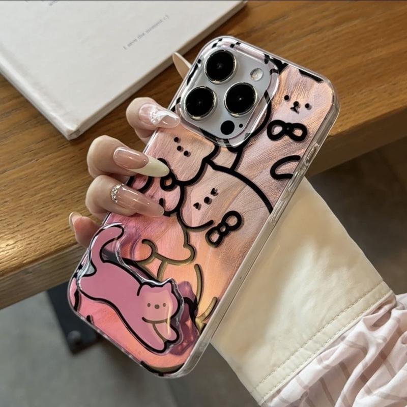Product Introduction of Pink Line Art Cat Phone Case with Stand - Cute Cartoon Soft TPU Case for Couples, Full-Body Protective Anti-Drop Cover, Metallic Finish, Minimalist Design, iPhone All Models 2