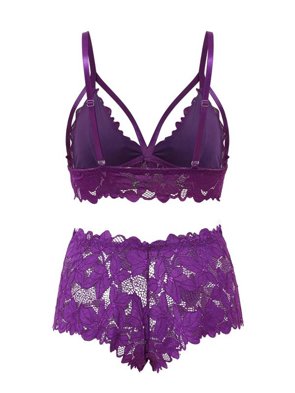 【Plus Size】 Bow Decor Lace Bra & Scallop Trim Brief Boxer Set, Naughty Lingerie, Push Up Lingerie & Sheer Panty, Underwear Set Super Push Up Bra, Festival Wear 2024, 2 Piece Set for Girls Women, Bralettes Top & Bottoms Set, Fall Clothes 5