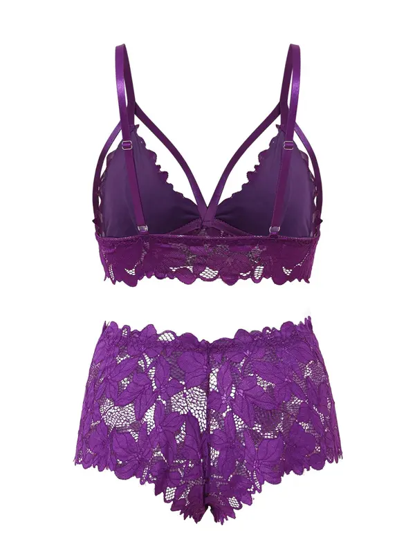 【Plus Size】 Bow Decor Lace Bra & Scallop Trim Brief Boxer Set, Naughty Lingerie, Push Up Lingerie & Sheer Panty, Underwear Set Super Push Up Bra, Festival Wear 2024, 2 Piece Set for Girls Women, Bralettes Top & Bottoms Set, Fall Clothes 5