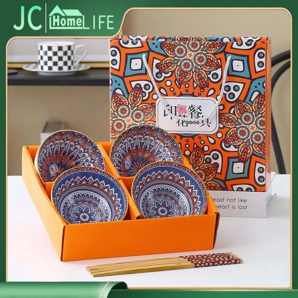 Best gift,4PCS SET-Bohemian Ceramic Handicraft Bowl Set Kitchen Dinnerware Plate Gift Souvenir (Random Design) Colorful Tableware