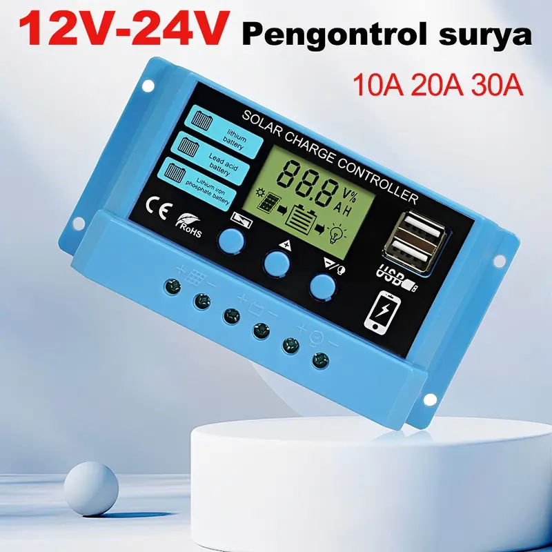 Pengontrol Pengisi Daya Surya Tampilan LED LCD PWM Surya 12V/24V 10A 20A 30A Panel USB Pengisi Daya Surya 2