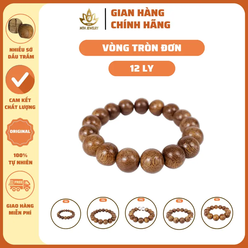 Vòng Tay Trầm Hương Hạt Tròn Đơn MTH JEWELRY - Vòng Trầm Tốc Việt Đeo Tay Nam Nữ, Phụ Kiện Voi Túi Gấm, Lá Bồ Đề, Nụ Trầm, Dây Xâu 2