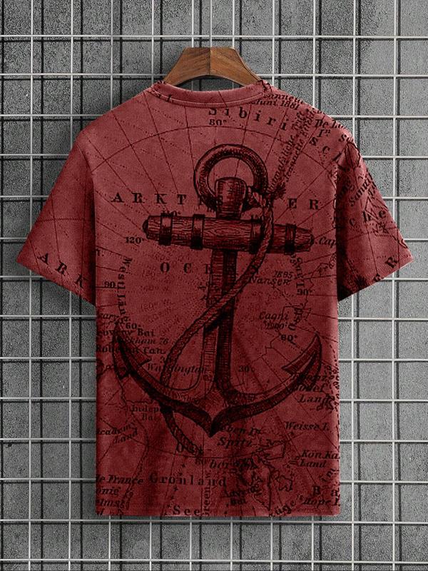 Men's Letter & Anchor Print Round Neck Tee, Summer Clothes Casual Regular Fit Short Sleeve T-Shirt for Summer, Mens Clothes for Daily Wear 7