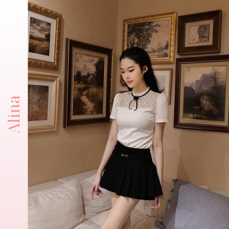 Áo cộc tay nữ bigsize tay bồng cổ nhún phối nơ áo cộc len nữ bánh bèo len phối kim sa hạt lựu form suông co giãn 4 chiều