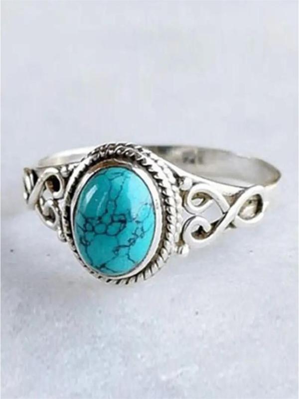 Women's Boho Style Turquoise Texture Design Ring, Trendy Vintage Ring, Fashionable Jewelry for Women As Gift for Daily Decoration 6