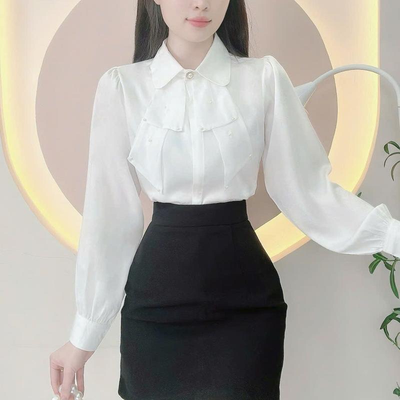  Áo sơ mi nữ thiết kế Lụa cao cấp phối tơ đính ngọc cách điệu sang trọng sơ mi đi làm đi tiệc LAMO - B1394 