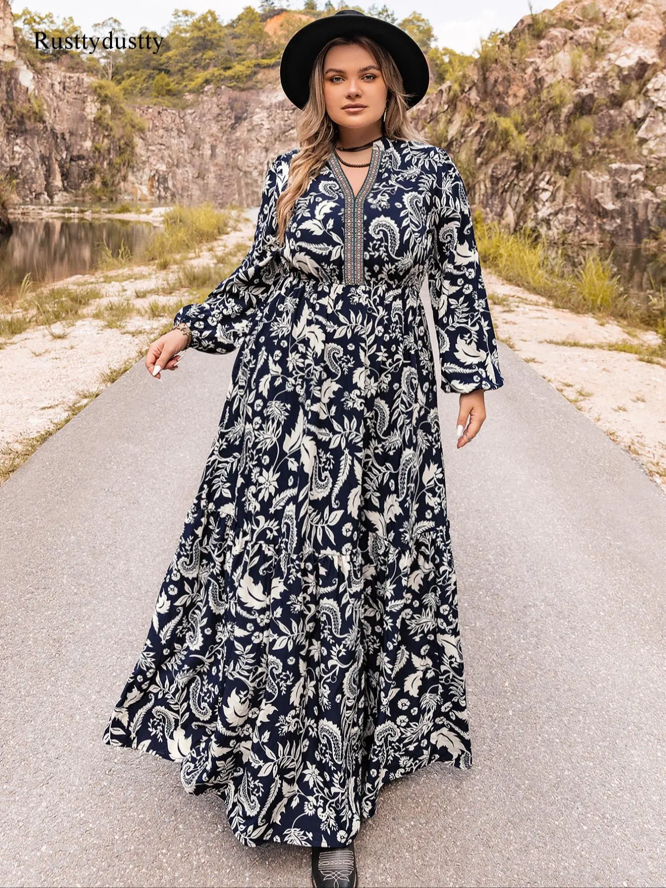 Women's Plus Size Floral & Plants Print Notched Neck A Line Dress, Boho Fashion  High Waist Dress for Daily  Wear, Women Clothing for All Seasons