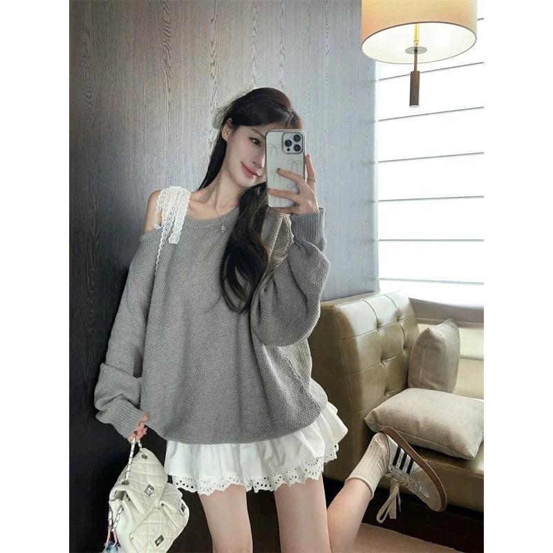 Váy Lệch Vai Xám Phối Chân Ren Kèm Quần Đùi Rời | Lithe.store  Women  Dress 0