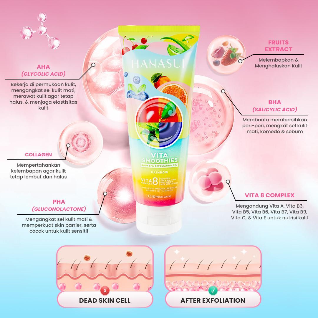 Hanasui Vita Smoothies Body Spa Exfoliating Gel 180ML - VITA 8 Complex Double Exfoliator Mengangkat Sel Kulit Mati & Menjaga Kelembapan Kulit Hanasui Vita Smoothies Body Spa Exfoliating Gel 180ML - VITA 8 Complex Double Exfoliator Mengangkat Sel Kulit Mati & Menjaga Kelembapan Kulit