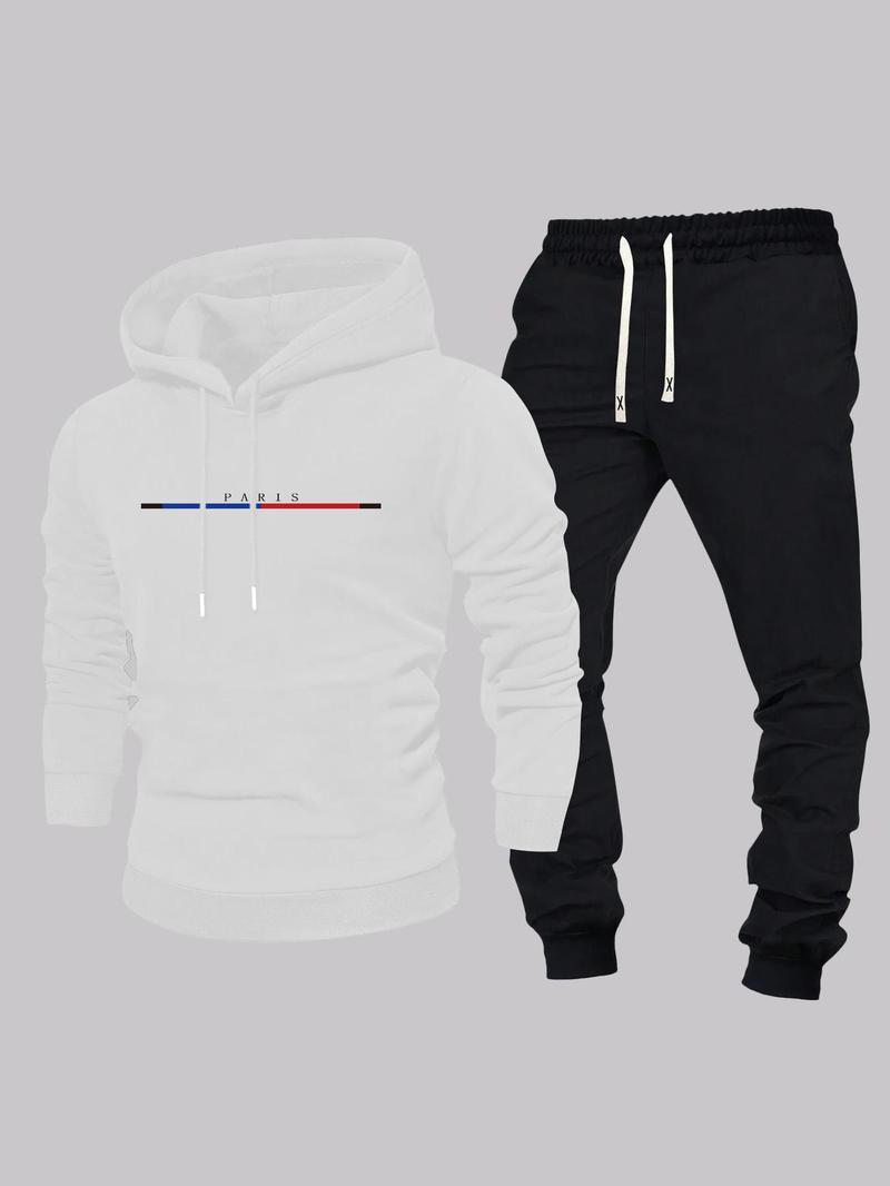 Product Introduction of Two-piece Set Men's Letter and  Striped Print Hoodie & Drawstring Waist Sweatpants, Regular Fit Casual Long Sleeve Hooded  Sweatshirt & Pocket Jogger Pants, Men's Spring & Fall Clothes 12