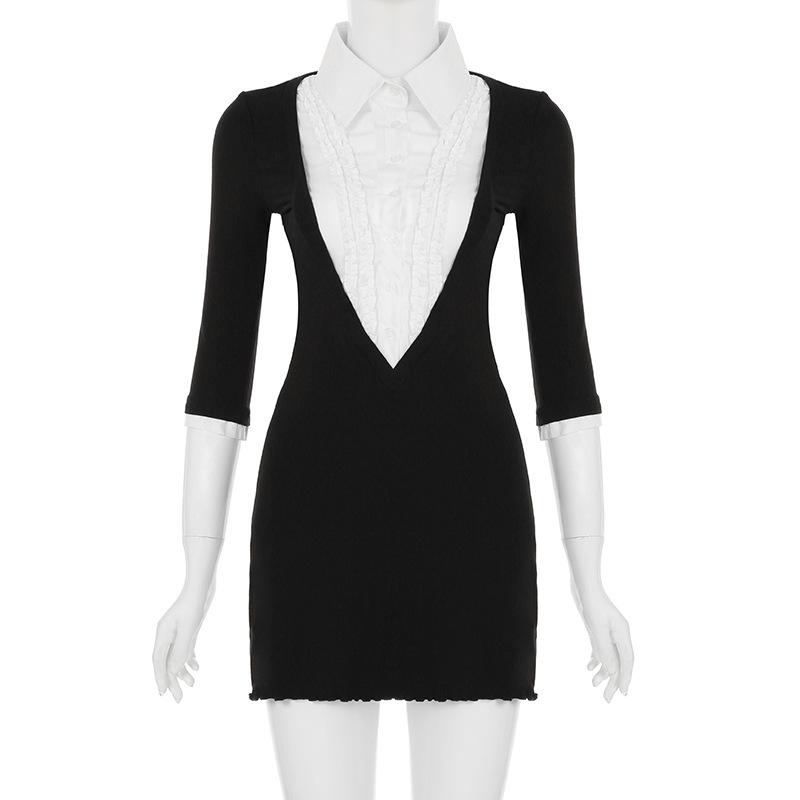Product Introduction of Váy ngắn Bodycon, Phong Cách Người Nổi Tiếng Ins, Phong Cách Preppy, Váy Có Gân Khối Màu, Thanh Lịch, Cổ Áo Sơ Mi, Dành Cho Phụ Nữ váy  trắng váy  có  cổ  khoét  sâu hoa  xù  đầm  body 13