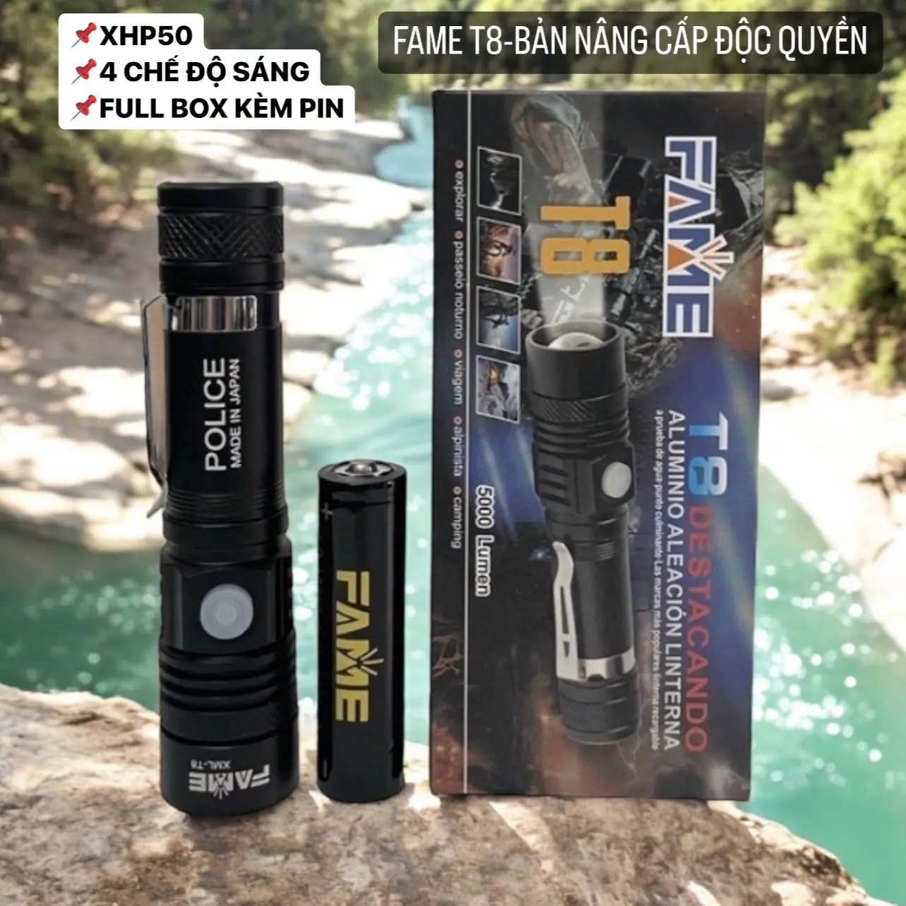 Đèn Pin Rọi FAME T8 Bóng XHP50 Thân Nhôm Siê,u Sáng 5000 Lumen 3 Món Kèm Hộp Dùng Đi Công trình, Đánh bắt thuỷ sản, Đi biển, Cắm Trại