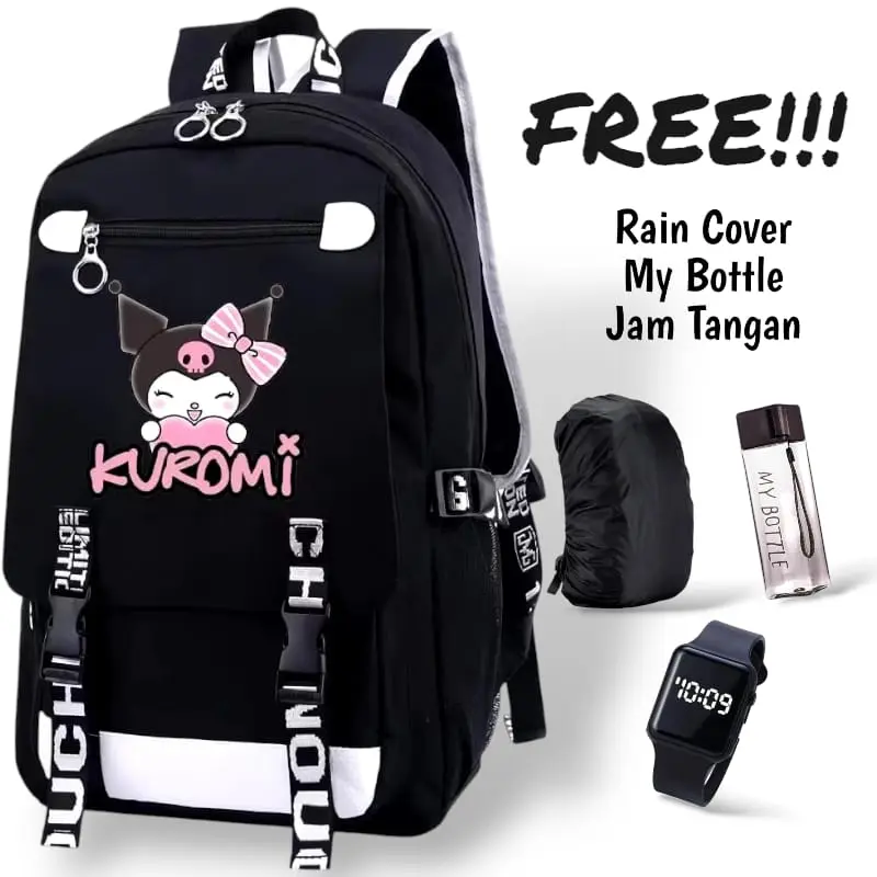 HS - TAS RANSEL SEKOLAH ANAK PEREMPUAN KARAKTER KUROMI TAS SEKOLAH ANAK CEWEK KOREAN FASHION TAS ANAK SEKOLAH TK SD SMP LAKI LAKI FASHION TERBARU JAM LED MY BOTTLE BANYAK BONUSNYA