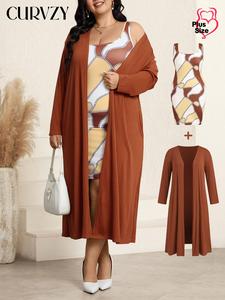 CURVZY Plus Size Solid Open Front Pocket Long Sleeve Outwear & All Over Geometric Print Cami Dress Set, Casual Two-Piece Outfit for Daily Wear, Women's Two-piece Outfits for Spring & Fall