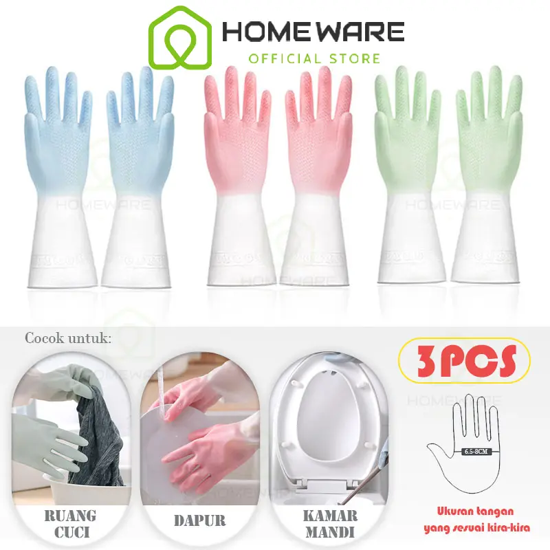 [3PCS] Sarung Tangan Karet Cuci Piring Silikon LatexRubber Glove Anti Slip/Sarung Tangan Karet PVC Latex Tebal MultifungsiPelindung Tangan Anti Slip Cleaning HijauPink Sage  sarung tangan pembersih tebal ditelapak
