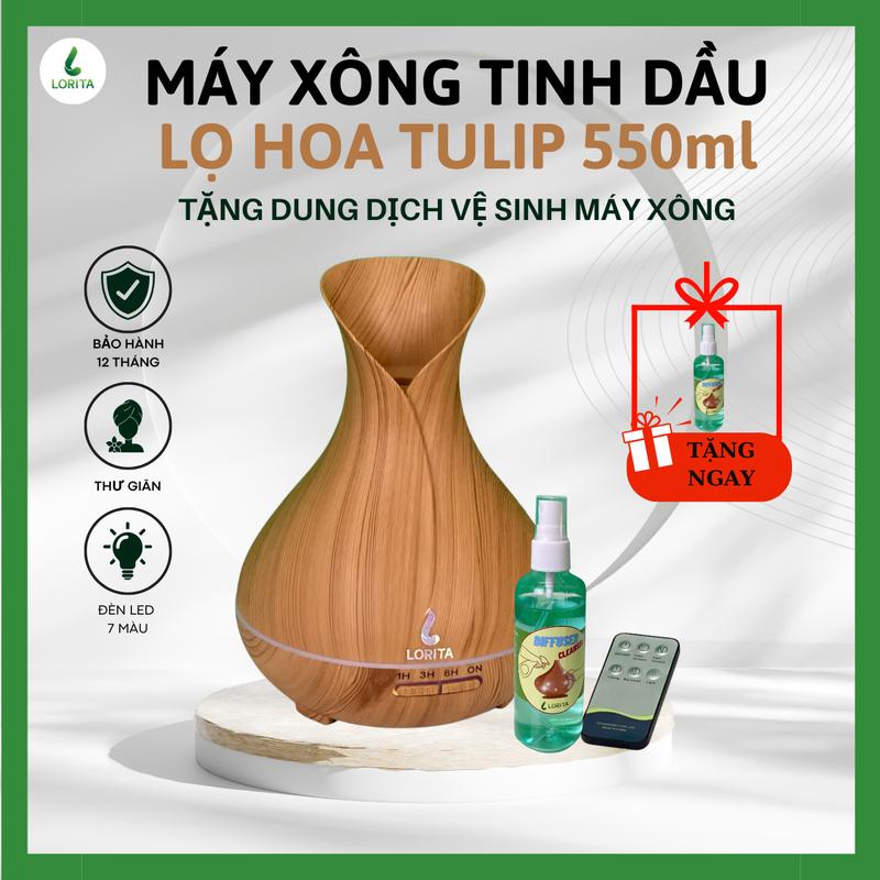 Máy Khuếch Tán Tinh Dầu Lọ Hoa Tulip 550ml khuếch tán tinh dầu siêu âm cao cấp AROMA DIFFUSER và Tinh dầu thiên nhiên kèm Remote điều khiển Tạo Độ Ẩm Phun Sương Máy Xông Tinh Dầu