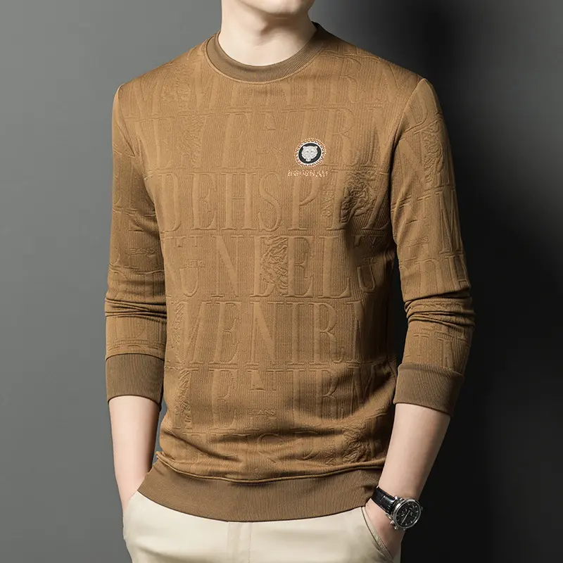 In Stock Fashion Hoodless Sweater Pullover Sports Long Sleeve Middle-Aged Men's Sweater Spring and Autumn New High-End Jacquard Long Sleeve T-shirt round Neck Pullover Loose Casual Bottoming Shirt