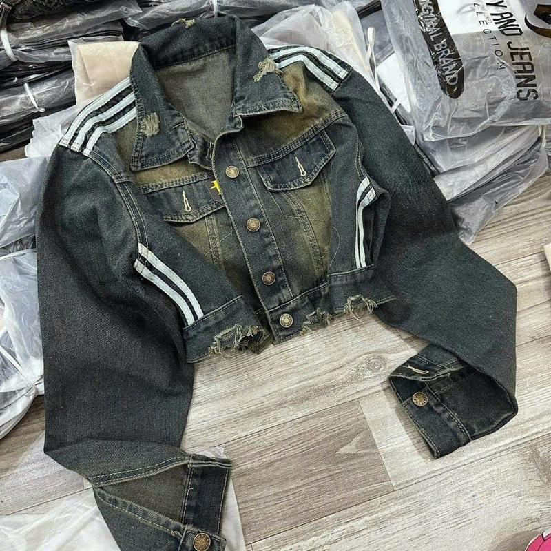 Áo khoác jean cho nữ ,phôi sọc tay,lai tua.from ngắn