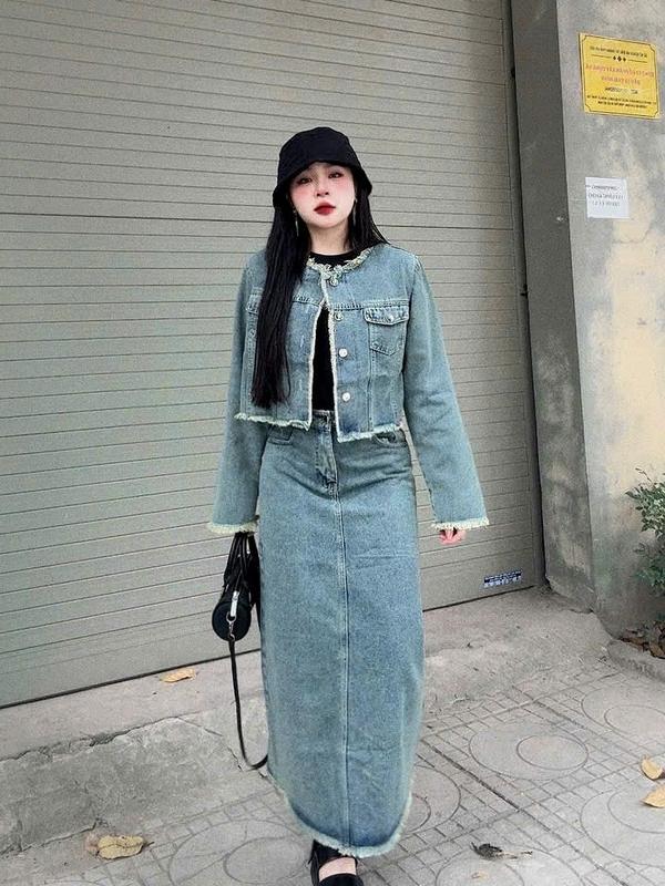 Set jeans áo Croptop dài tay viền tua rua mix chân váy dáng dài xinh xắn Top Women