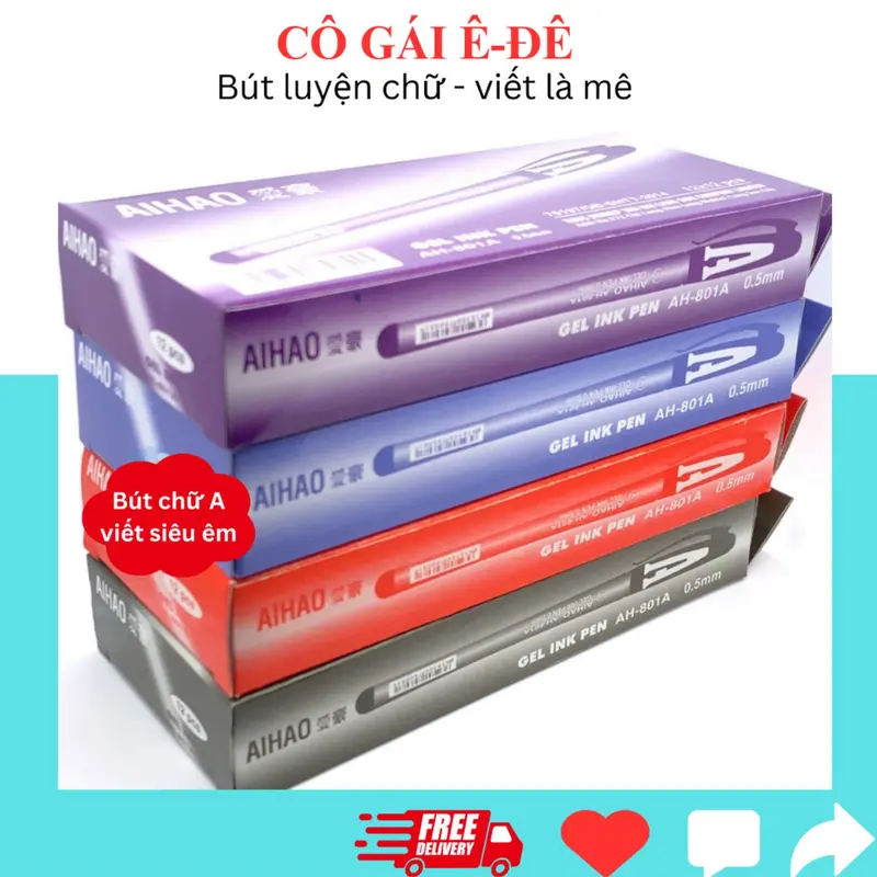 Hộp 12 bút gel chữ A Aihao mực Xanh/Tím ngòi 0.5mm phù hợp cho học sinh tiểu học, bút gel văn phòng, bút học sinh 1