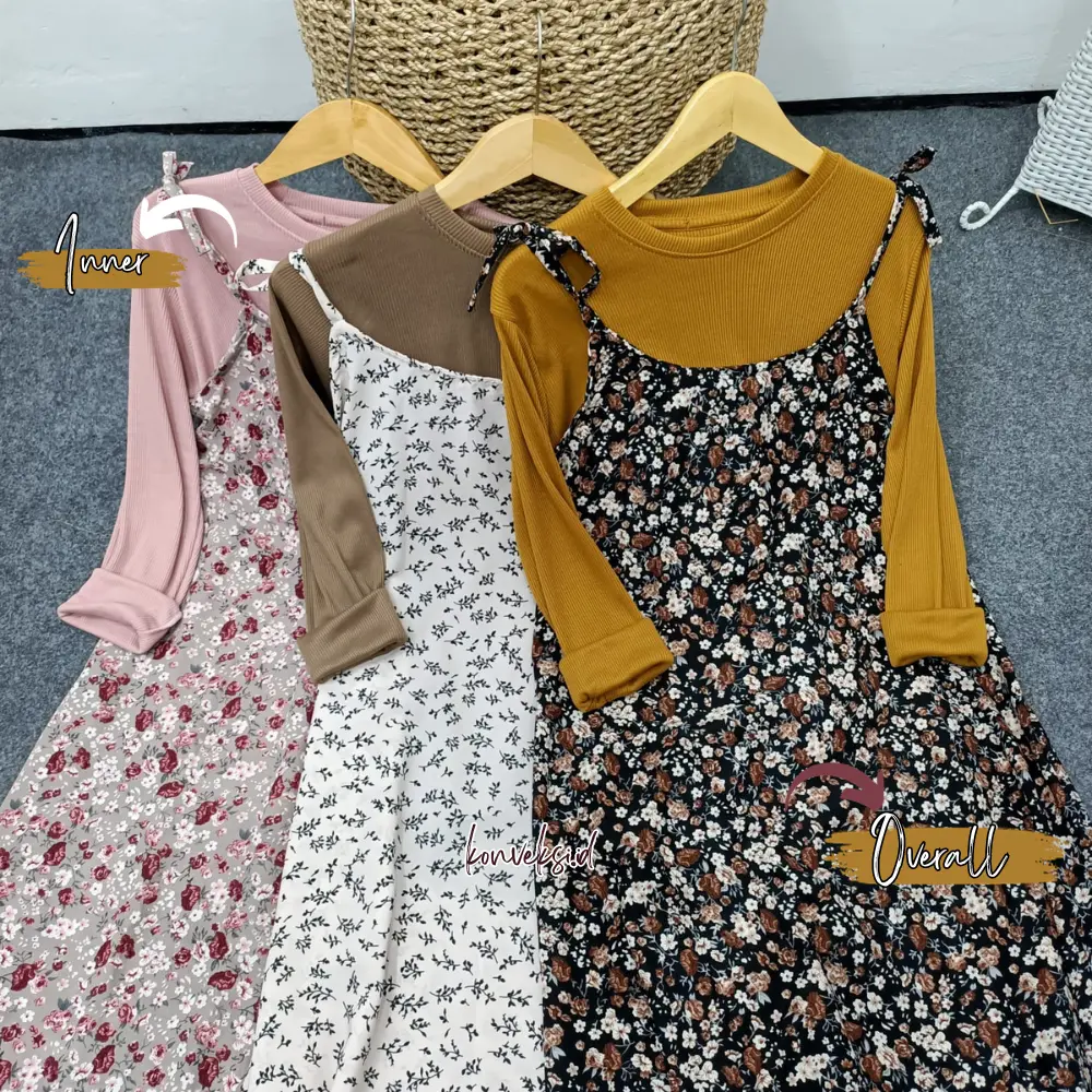 KONVEKSI.ID - Setelan Wanita Kaos RIB + Overall Dress Mayung / One Set Overall Dress Panjang Floral + Inner Basic / Setelan 2in1 Simple Korean Look Daily Outfit Dewasa