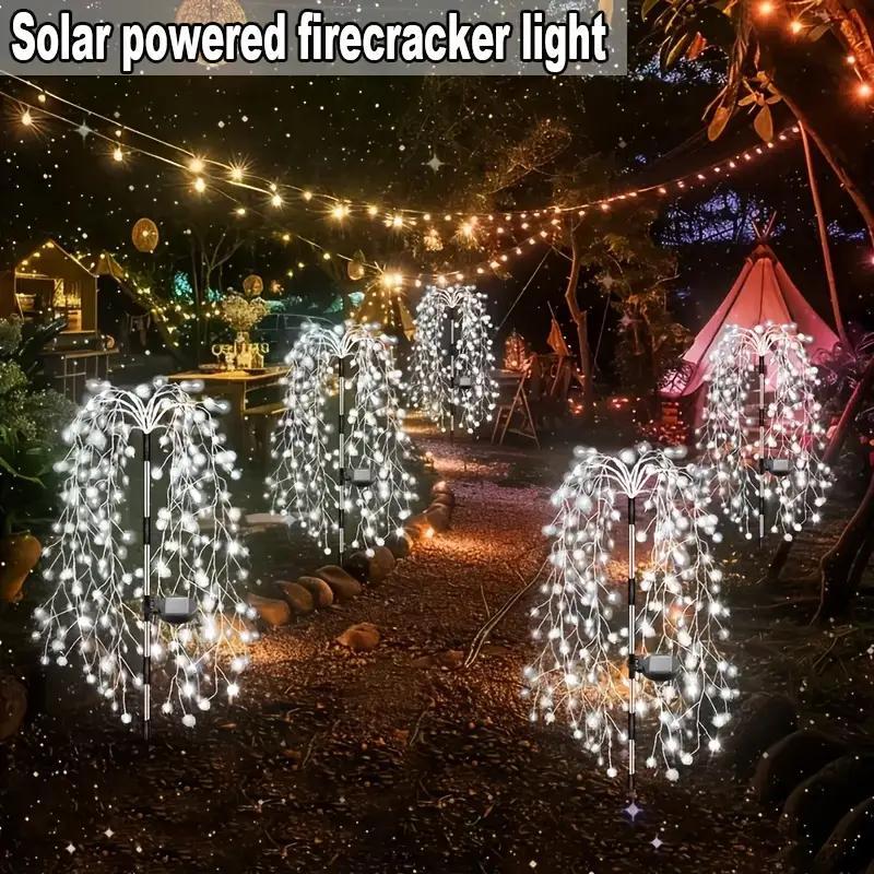 Solar Powered Firecracker Willow Light, 1pc Outdoor Solar Fireworks Light, 8 Modes Flashing Copper Wire Fairy Light for Garden, Pathway, Party, Camping, Christmas, Ramadan 2