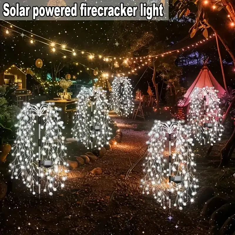 Solar Powered Firecracker Willow Light, 1pc Outdoor Solar Fireworks Light, 8 Modes Flashing Copper Wire Fairy Light for Garden, Pathway, Party, Camping, Christmas, Ramadan 2