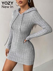 YOZY Women's Solid Ribbed Hooded Dress, Casual Long Sleeve Hooded Dress for Spring & Fall, Women's Clothing for Daily Wear