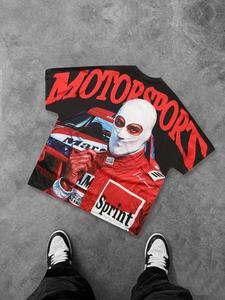 Camiseta corta de cuello redondo con estampado de letras y coche de carreras para hombre, camiseta de manga corta de moda informal suelta para uso diario, camiseta de hombre para todas las estaciones, tropical