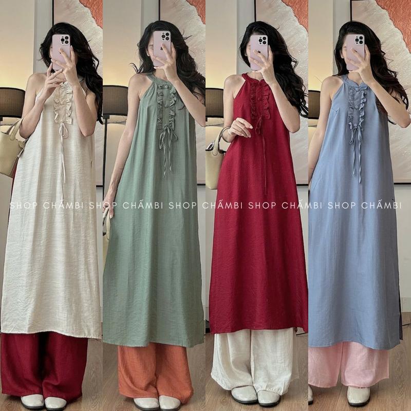 Set áo dài nữ S.209, Set áo dài cách tân cổ yếm cúc bọc phối nơ kèm quần phong cách dịu dàng nữ tính - Shop Chấm Bi