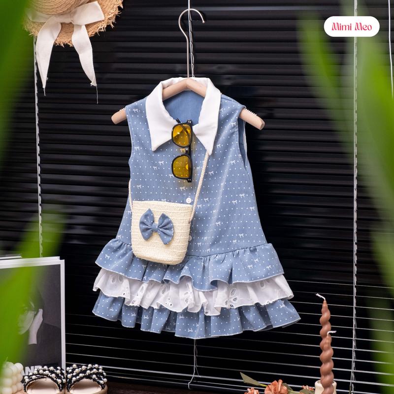 [Mimi Meo - TD288] Váy bé gái mùa hè 9-34kg (Kèm Túi) - Vải jean xanh/hồng mỏng mềm - Hoạ tiết chấm bi nổi bật