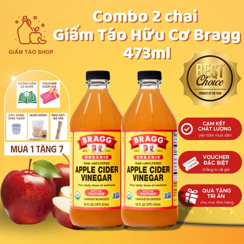 Giấm Táo Shop | Combo 2 chai Giấm táo hữu cơ Bragg (Mỹ) 473ml | Tặng Ly đong + Muối hồng + Ống hút + Hướng dẫn sử dụng